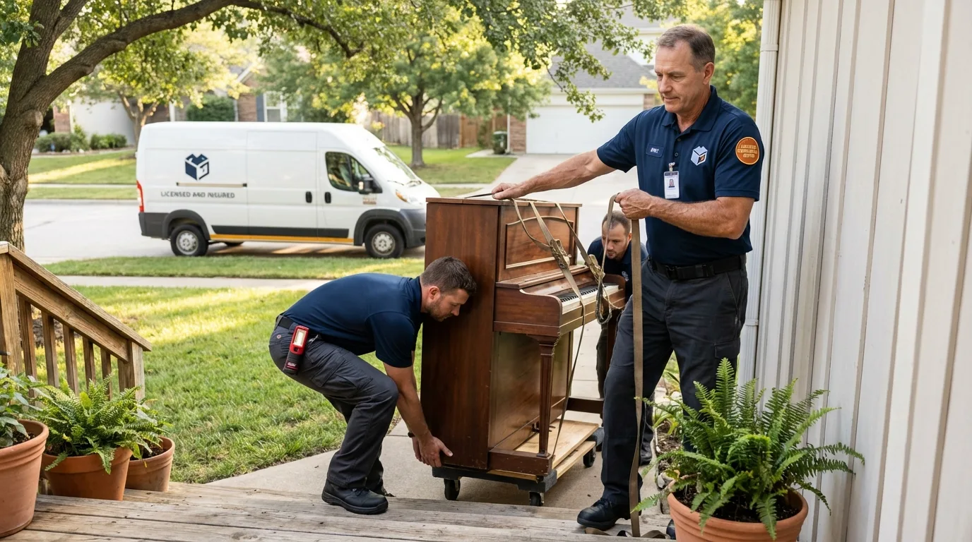 Licensed piano movers securing grand piano in Ironton, OH