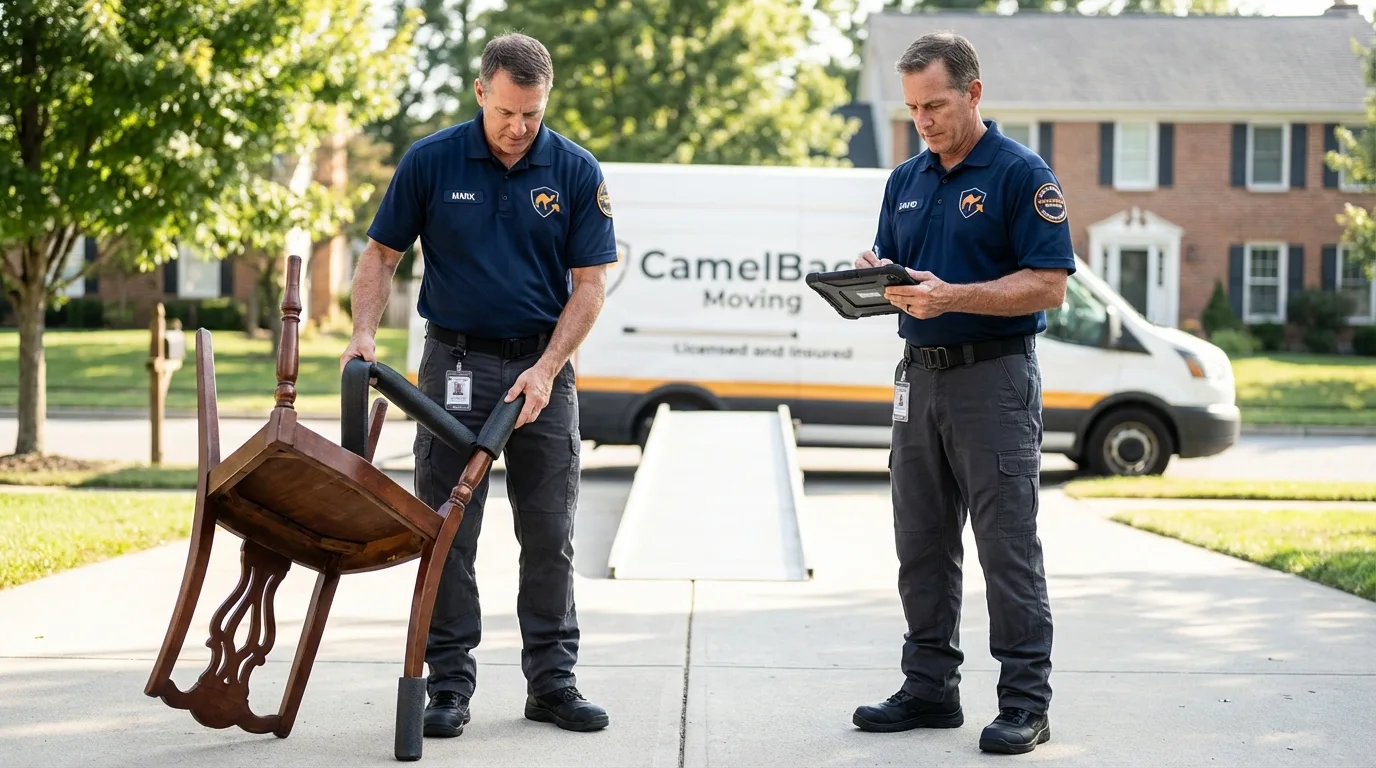 Movers inspecting furniture for damage prevention before loading in Ironton, OH