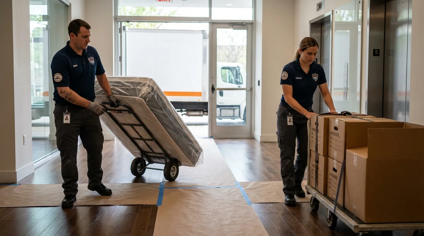 Professional apartment movers loading elevator in Ironton, OH