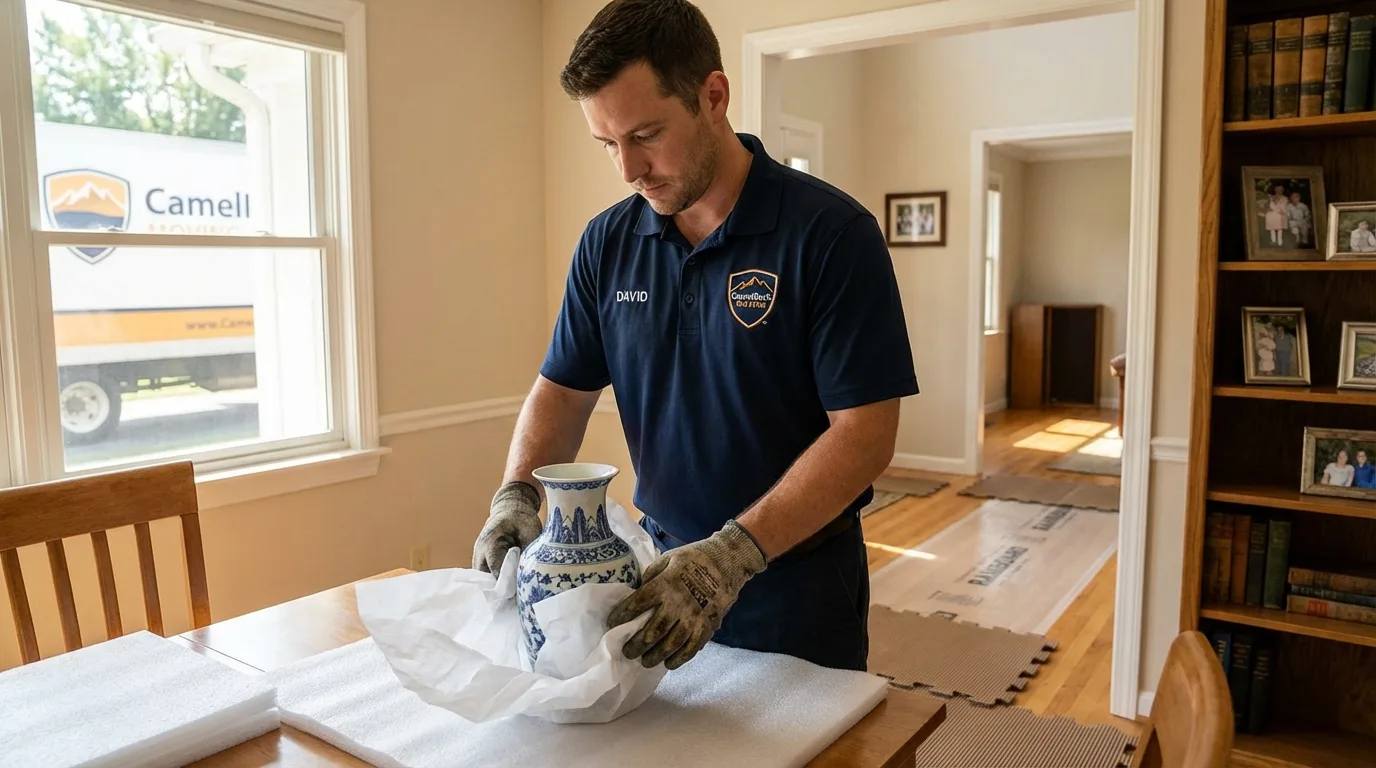 Professional crew carefully wrapping antique vase for senior downsizing move in Ironton, OH